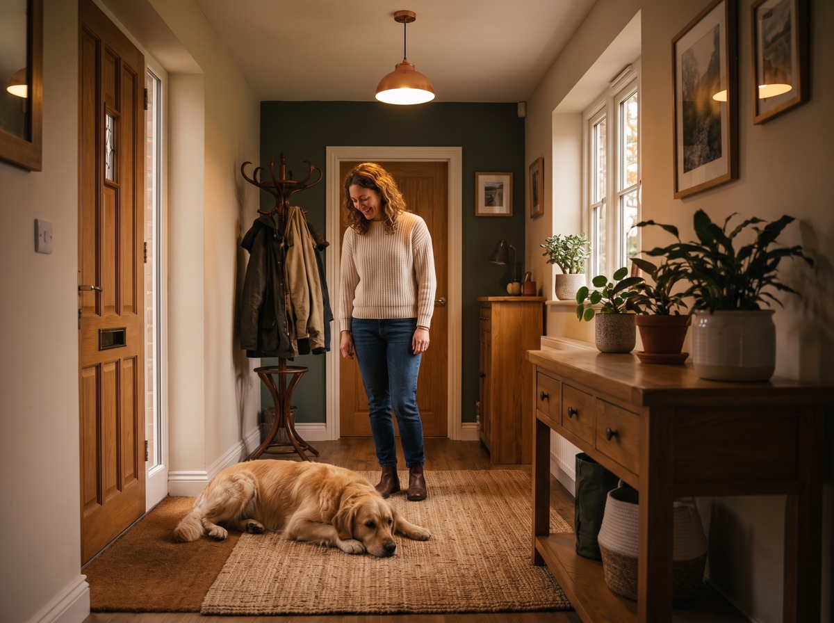 Calm golden retriever resting on a mat by the front door while its owner smiles nearby