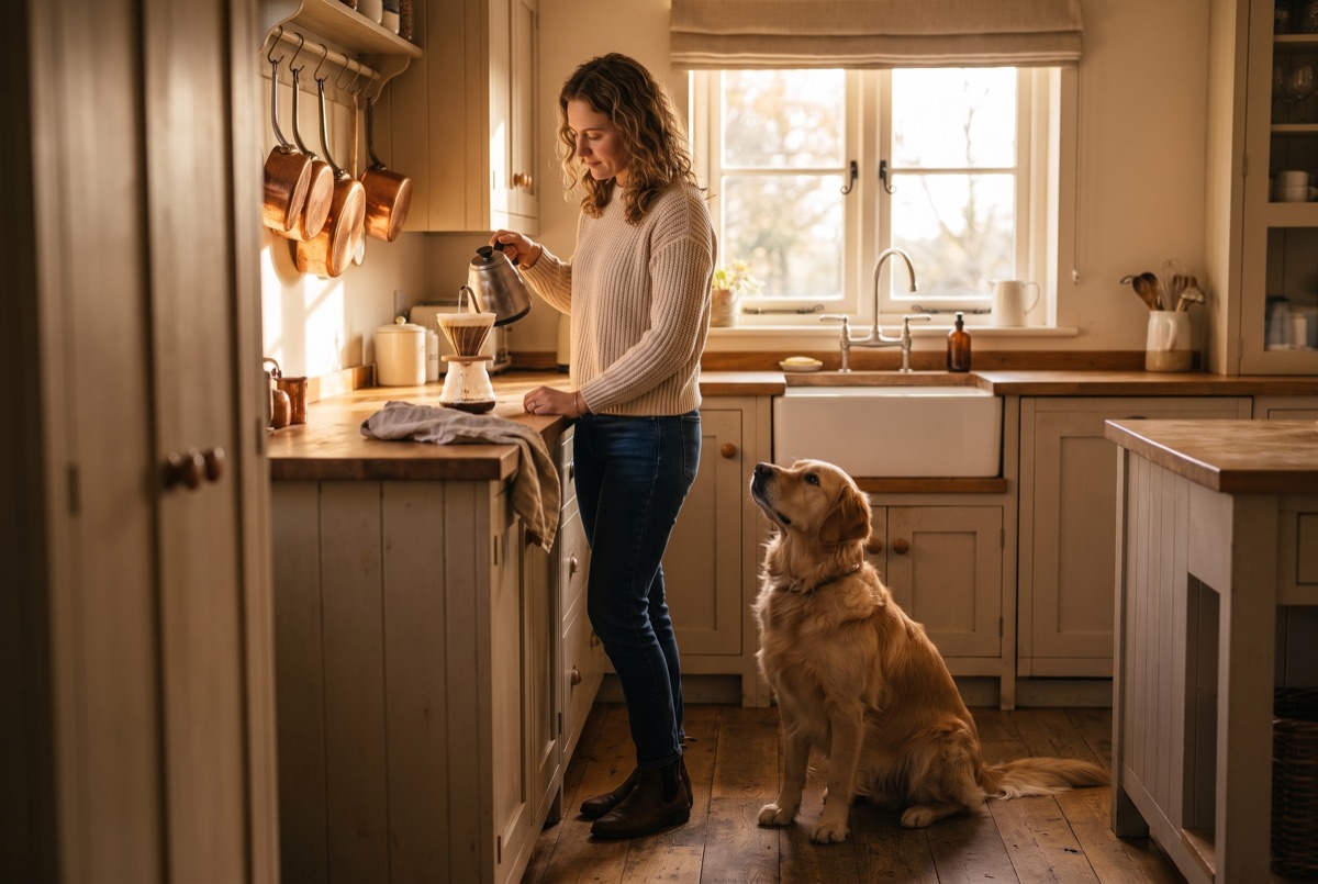 Dog owner making morning coffee while her calm golden retriever sits beside her in a sunlit kitchen